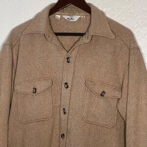 VGT 1980s Woolrich Beige Herringbone Wool Shacket XL Made In USA Outdoorsman